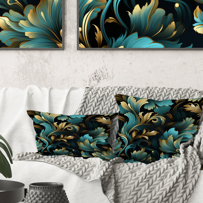 Or et bleu Luxury Damask Symphony - Coussin décoratif imprimé damassé