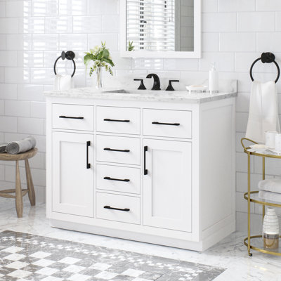 Athea 42 in. Single Sink Freestanding White Bathroom Vanity with White Engineered Marble Top, Black Hardware