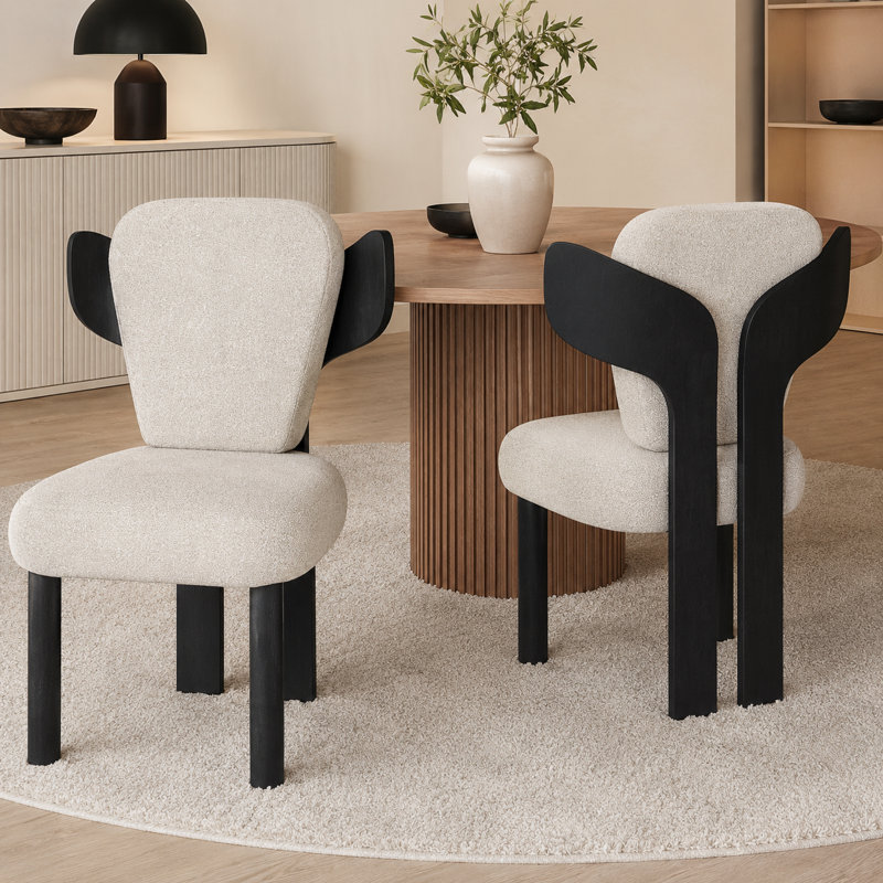 Brayden Upholstered Dining Side Chair with Wooden Legs (Set of 2), White, Black