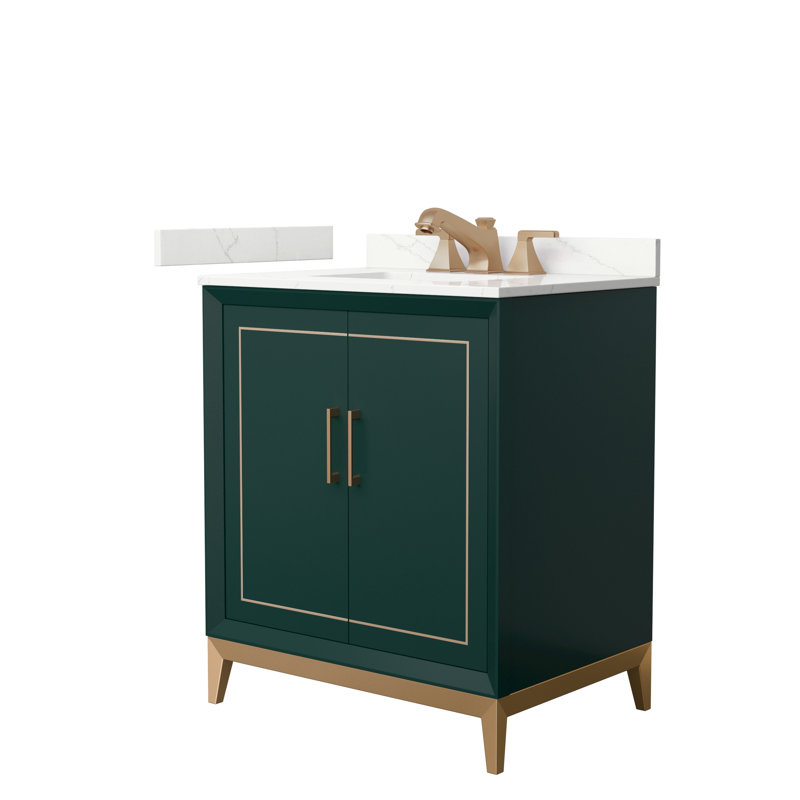 Ensemble de meuble-lavabo simple 30 po avec plateau Marlena, Quartz Giotto, Vert, Bronze satiné