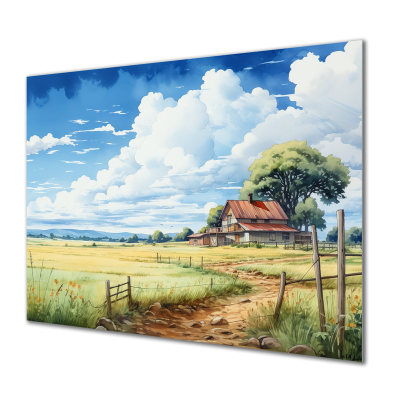 Herbe verte à côté de la maison de campagne - paysage, art mural, Métal métal, H 24 po x l 32 po x P 1 po