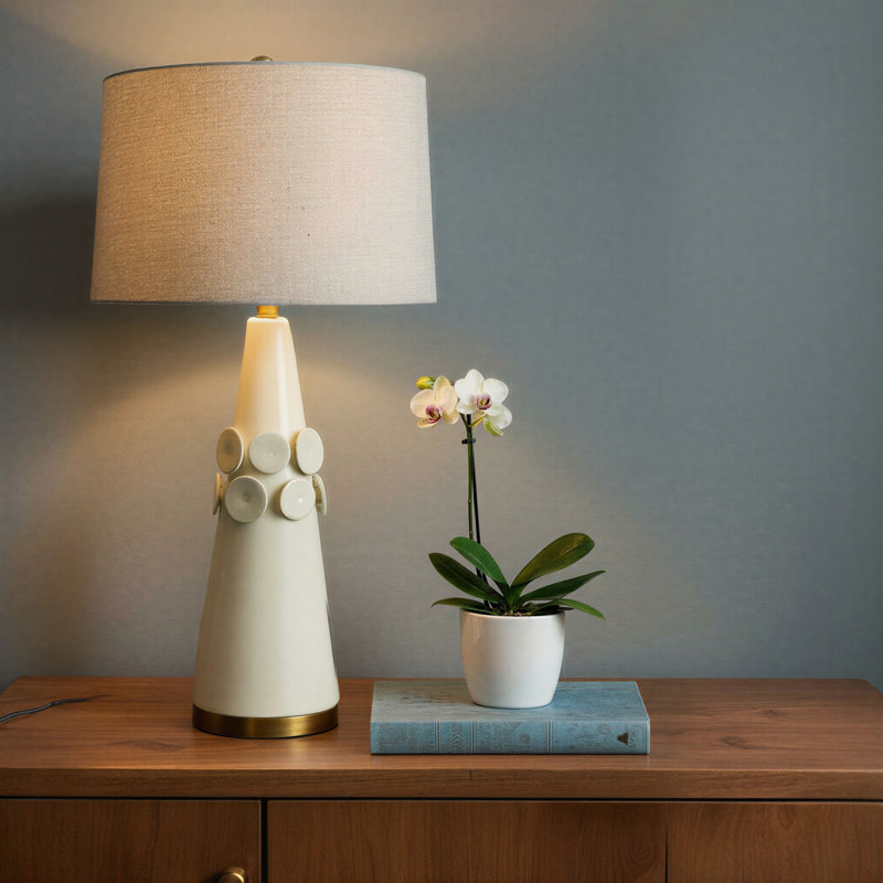 Adeline Stoneware Conical Table Lamp with Cream Crackle Glaze and Natural Linen Shade
