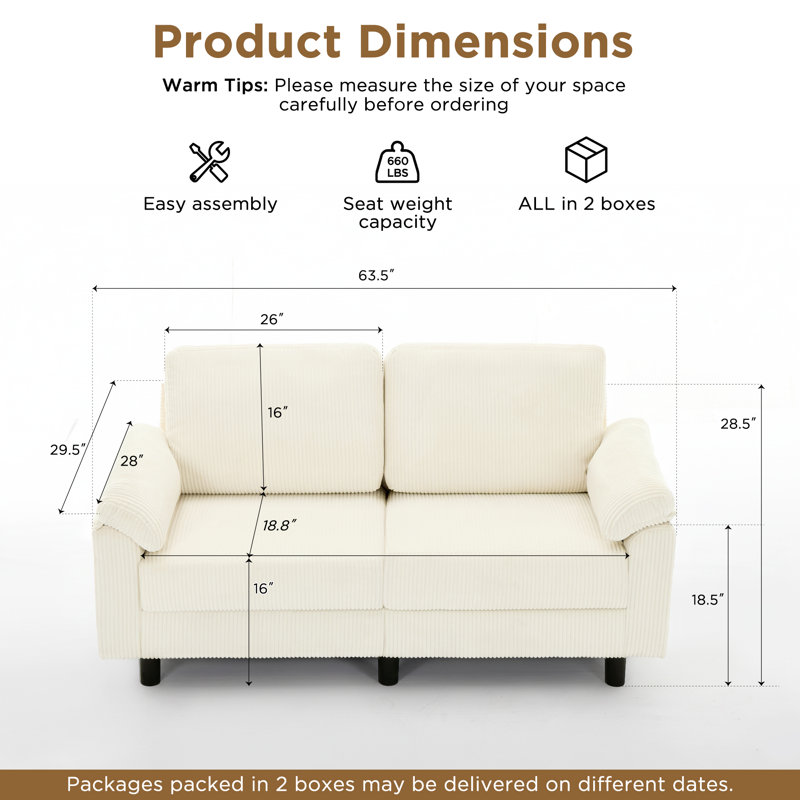 63.5" Corduroy Loveseat Sofa, Modern 2-Seater Couch, Comfy Small-Space Sofa for Living Room & Bedroom, White