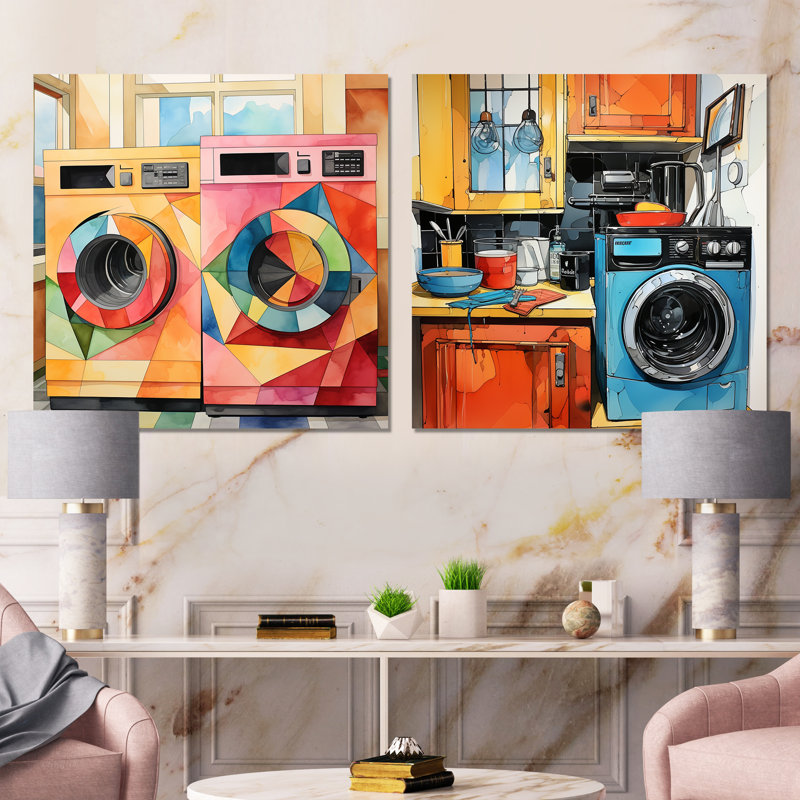 «Wash Machines Laundry Day I» - Ensemble de 2 impressions murales en métal, H 23 po x l 46 po