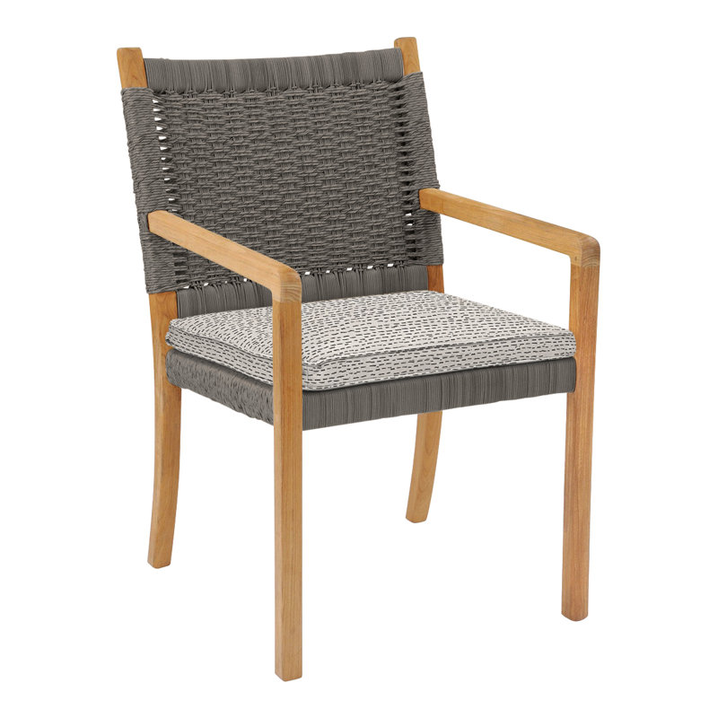 Hudson Teak Patio Dining Chair with Cushion (Set of 2), Perigold Arigato Balsamic, Hudson Charcoal Lace