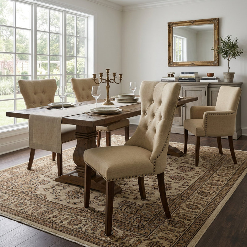 Acacia Walnut Brown Rubberwood Linen Fabric Round 3 Piece Pedestal Button Tufted Back Dining Table Set
