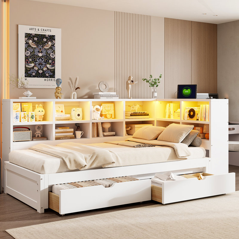 Twin XL to King Size Daybed with Storage Drawers, Cabinets, LED Lighting & USB Ports – Multi-Functional Bed, White, White