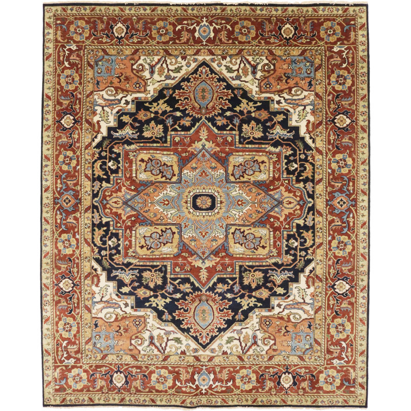 Faron Dark Navy Geometric 8X10 Handmade Heriz Serapi Oriental Rug