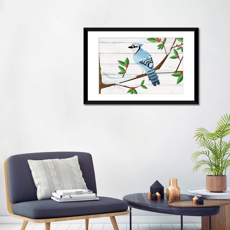 «Berry Blue Jay» par 5by5collective, impression sur toile tendue, H 24 po x l 32 po x P 1 po, Papier d'art encadré noir
