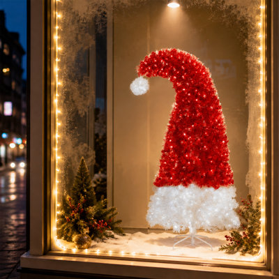 84in Pre-Lit Santa Hat Shaped Artificial Christmas Tree with 300 LED Lights, Whimsical Curved Xmas Tree with 1050 Tips, Red & White Holiday Tree with Metal Stand