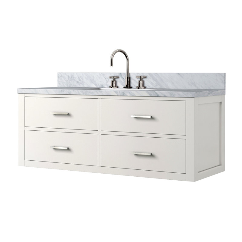 Meuble-lavabo simple 48 po X P 22 po D, dessus en marbre de Carrare et ensemble de robinet, Blanc, Nickel brossé, 48"