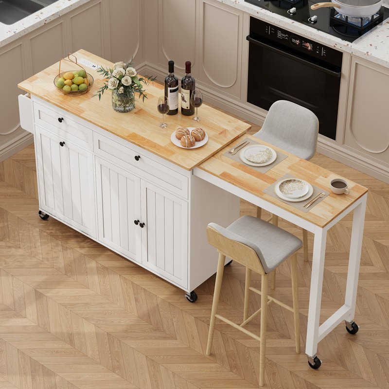 81.6" Kitchen Island With Power Outlets, Extendable Dining Table With 2 Drawers And 2 Doors Cabinet For Kitchen, White