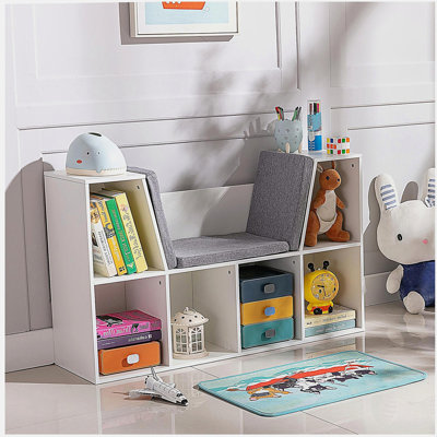 Six-layer bookshelf with reading corner and cushion, multi-functional storage organizer, pure white suitable for bedrooms, living rooms