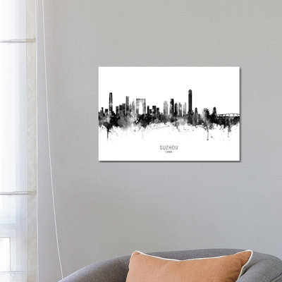 Suzhou China Skyline Name Bw by Michael Tompsett - Wrapped Canvas Print