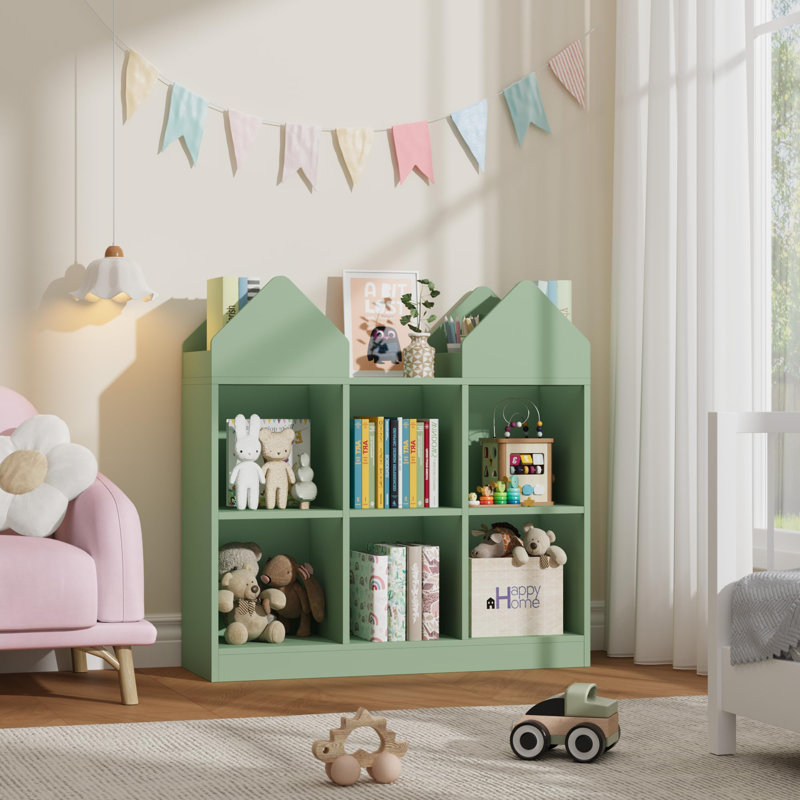 Conception de bibliothèque pour enfants avec rangement à 8 zones, coins de toit arrondis, cadre en panneau de particules stable