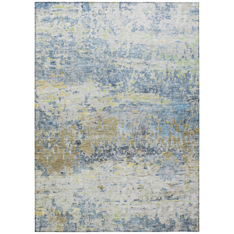 Tapis extérieur lavable abstrait bleu vert et ivoire 5 pi x 8 pi