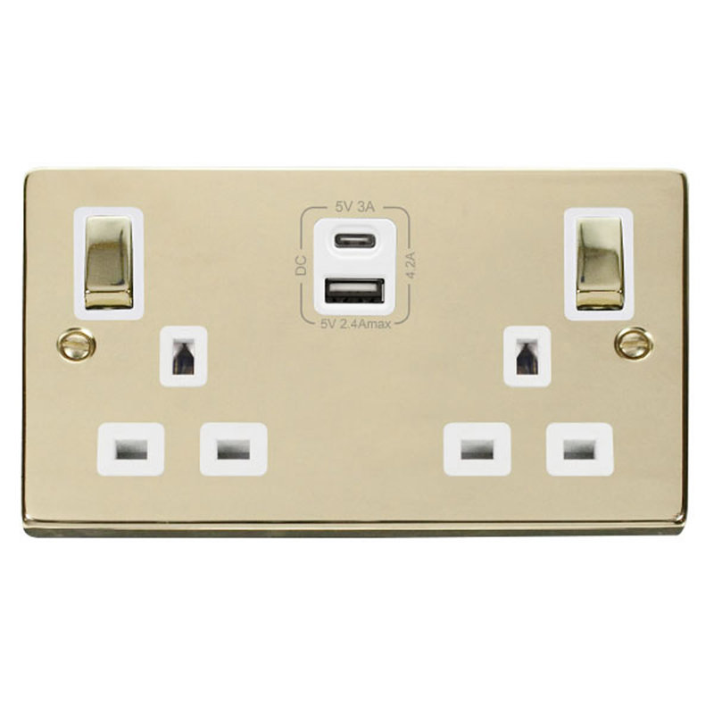 Polished Brass 2 Gang 13A DP Ingot Type A & C USB Twin Double Switched Plug Socket