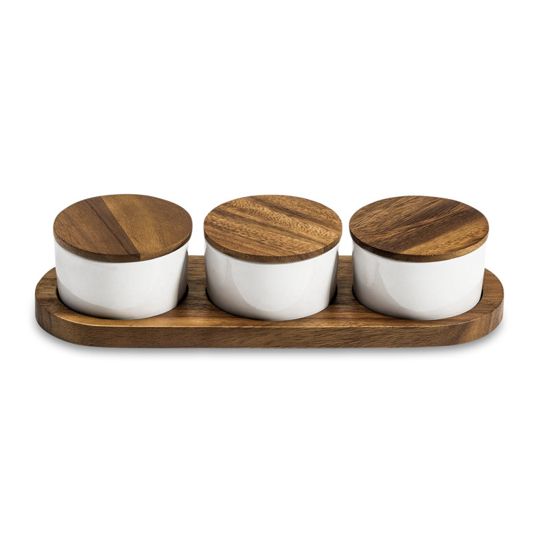 Ensemble de condiments en céramique sur base en bois d'acacia