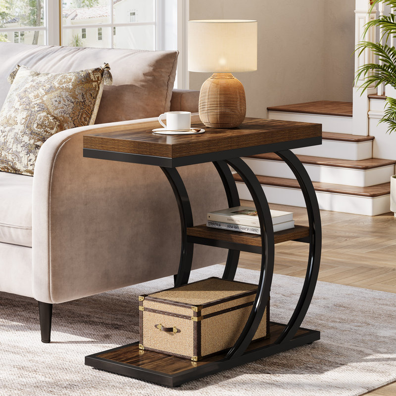 Table d'appoint à 3 niveaux en forme de C pour salon, Rustic Brown, Single
