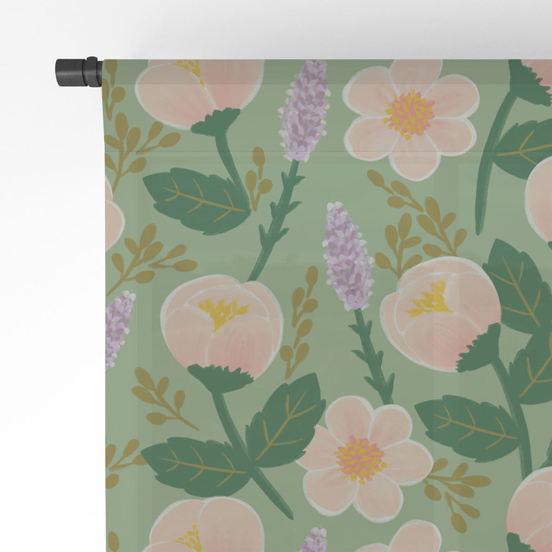 Hello Sayang Lovely Roses Grey 1pc Sheer Window Curtain Panel, 50" x 96", Green