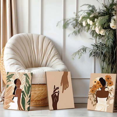 3 pièces d'art mural encadrées, ensemble de 3 reproductions d'art sur toile abstraites de femmes afro-américaines, tournesol bohème et feuilles tropicales, décor minimaliste moderne pour la chambre à coucher, beige, vert, brun, esthétique, décoration de la maison