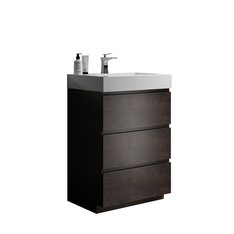 24" Walnut Bathroom Furniture - Modern Freestanding, Plenteous Inner Room Space Storage, White Basin Sink, Silent Drawer Runners, Pre-Assembled Substantial Basin, Quiet