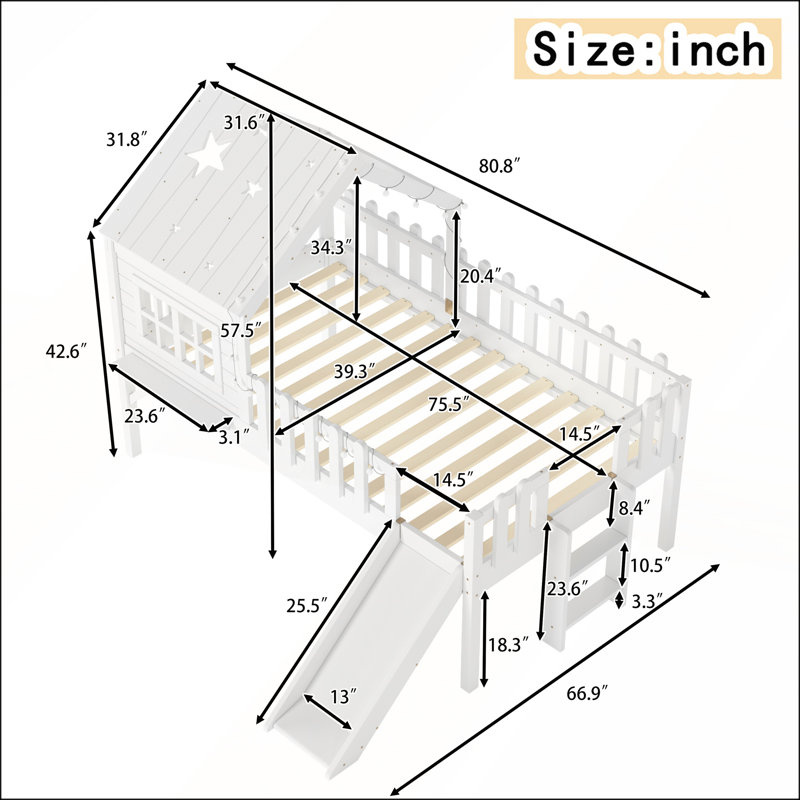 Lit mezzanine simple avec glissade, conception de maisonnette, lumières en forme d'étoile et fenêtre, aucun sommier nécessaire, blanc
