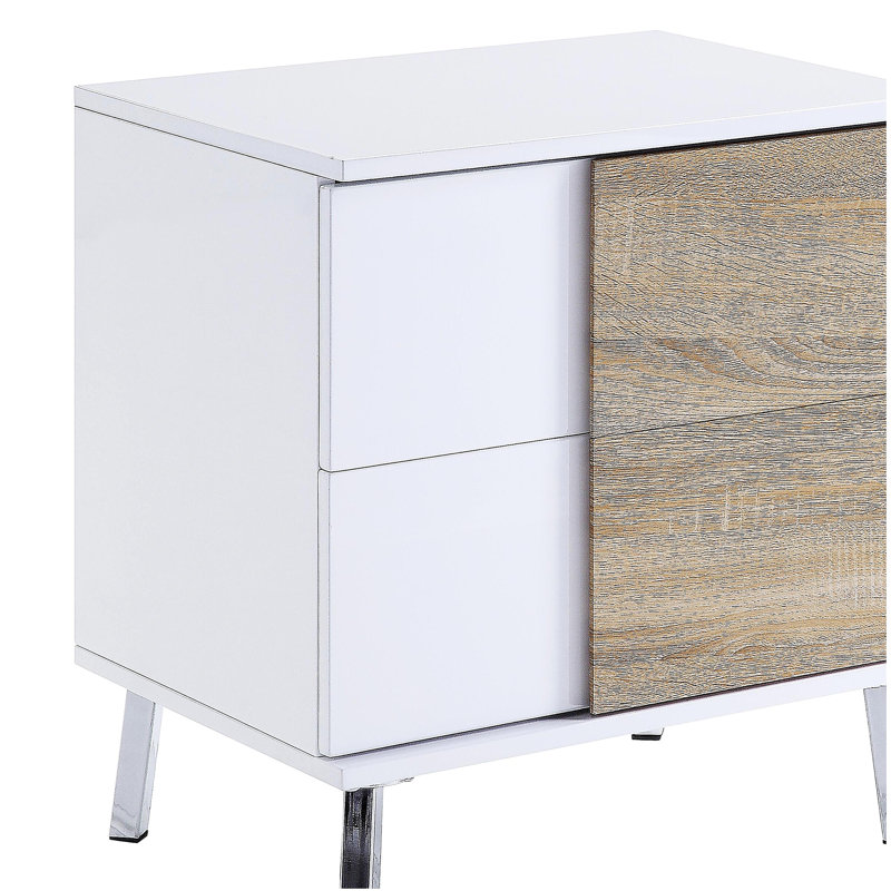 Table de bout blanche brillante et naturelle avec 2 tiroirs