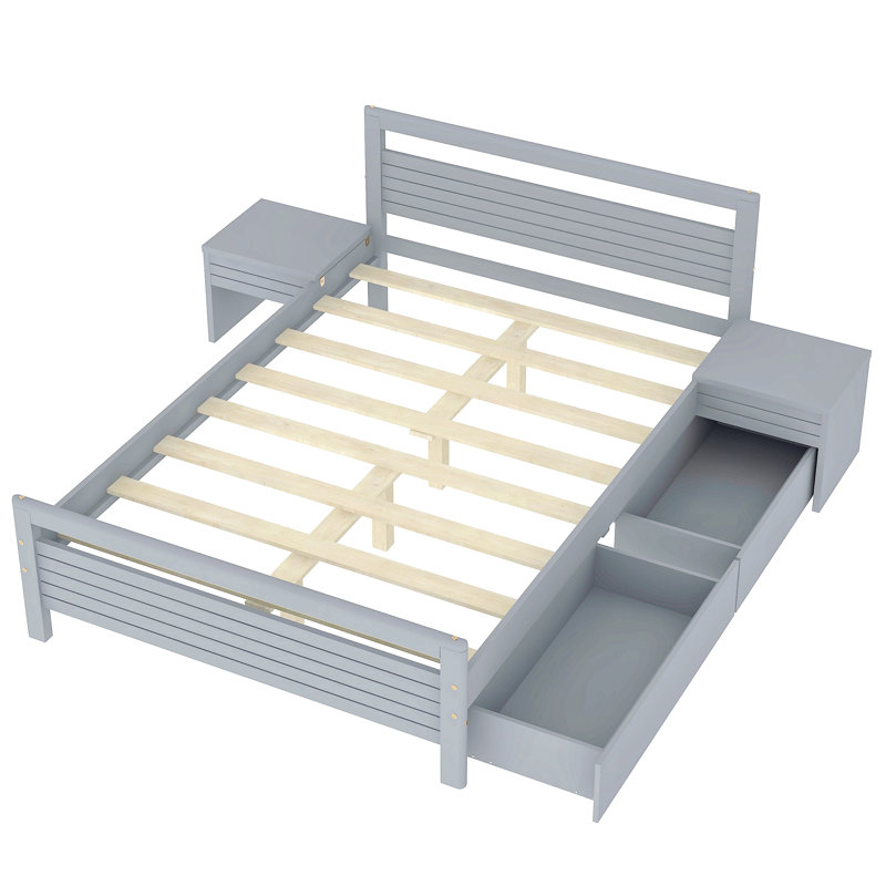 Lit plateforme en bois avec 2 tiroirs de rangement et 2 tables de chevet, Lit double