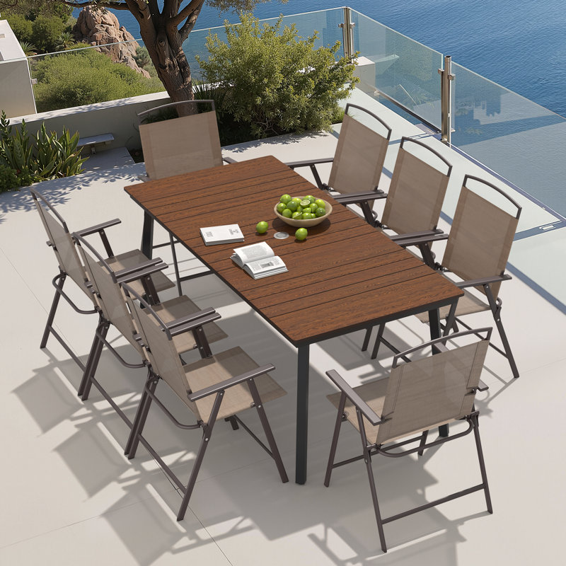  Ensemble de table de patio en métal pour 8 personnes avec chaises pliantes et trou pour parasol, Noyer, Brown