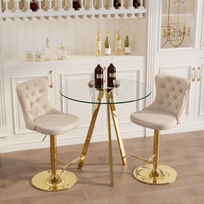 Bar Height Set, Tempered Glass Round Dining Table and Velvet Adjustable Dining Chairs. by House of Hampton