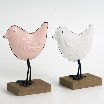 Decorative Metal Standing Bird Figurines & Sculptures With Embossed Accents & Wood Base