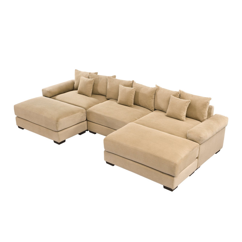 Canapé modulaire surdimensionné de 130 po avec repose-pieds en velours côtelé, Velours côtelé rouge