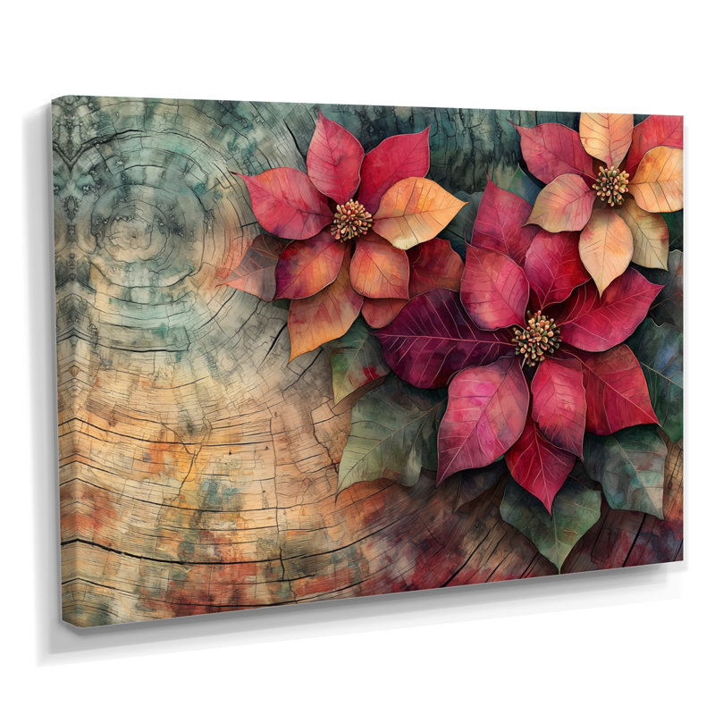 Fleurs de poinsettias rouges sur une glissade en bois IV - art mural poinsettias, H 12 po x l 20 po, Toile tendue