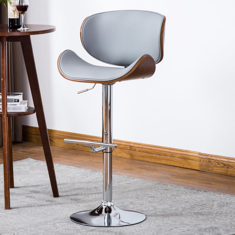 Gray Adjustable Swivel Bar Stool With Walnut - Finished , Curved , Metal Main Material, American Design Modern Height Frame, Padded Seat And Back, 21"L X 21"D 36 44"H