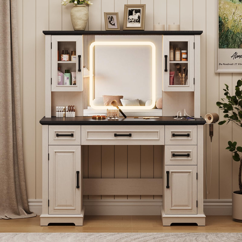 Farmhouse Vanity Desk With Mirror And Lights, Black/White