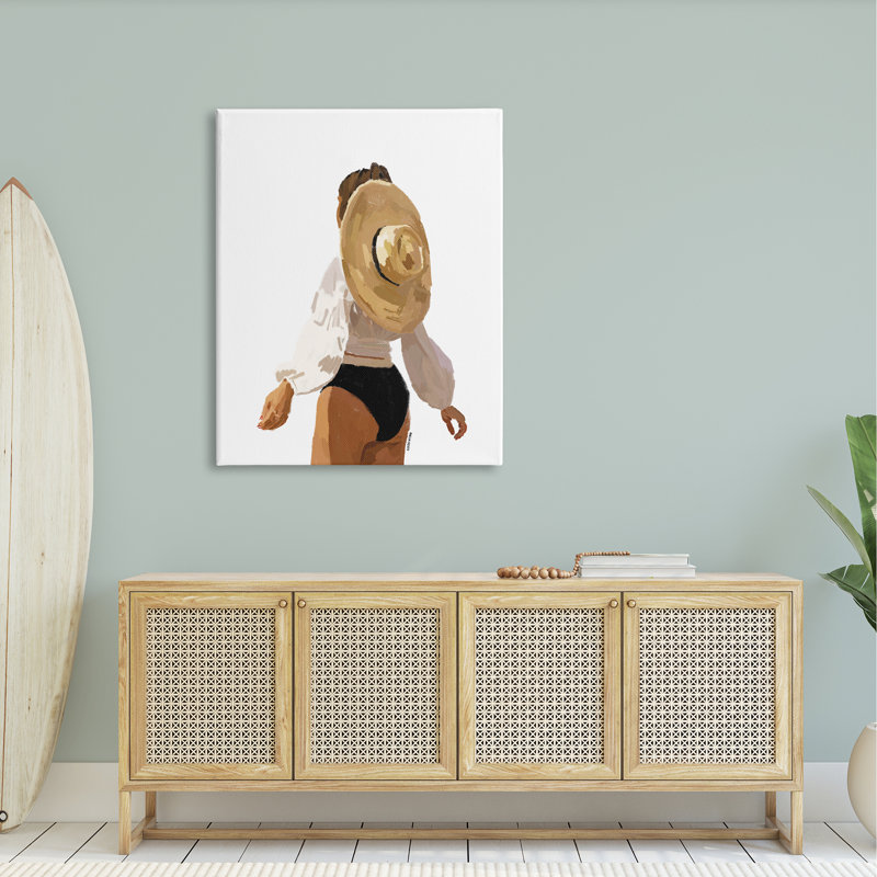 «Woman Draped Sun Hat Tropical Summer Holiday» par Amelia Noyes - Peinture, H 48 po x l 36 po x P 1,5 po, Toile tendue
