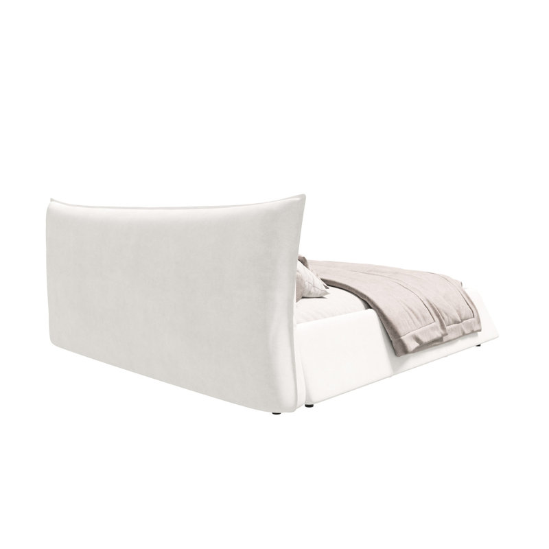 King Size Platform Bed With Velvet Headboard & Solid Wood In Cream Color Extra Soft And Stable Frame, Cream