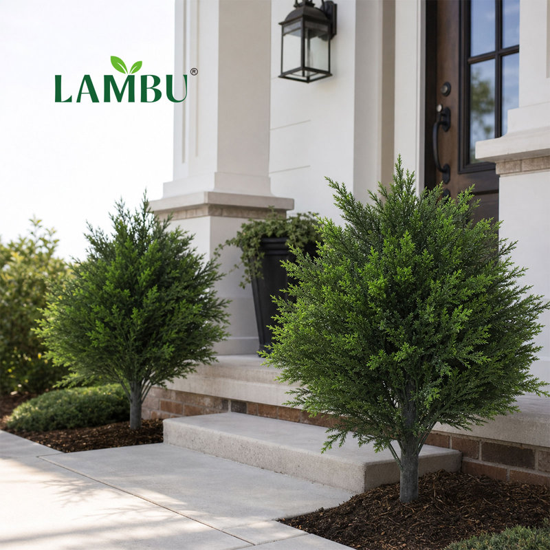 Artificial Cedar Topiary Balls Set of 2 Ground Spike Patio Garden Green