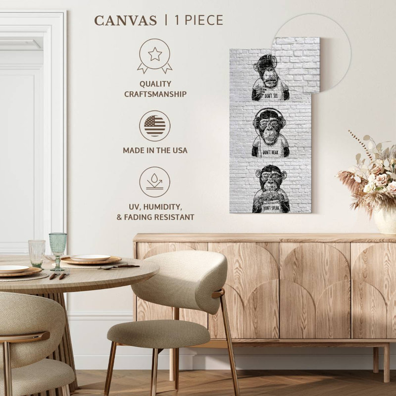 " Three Wise Monkeys BW " by Existencils, 30" H x 15" W x 1.25" D