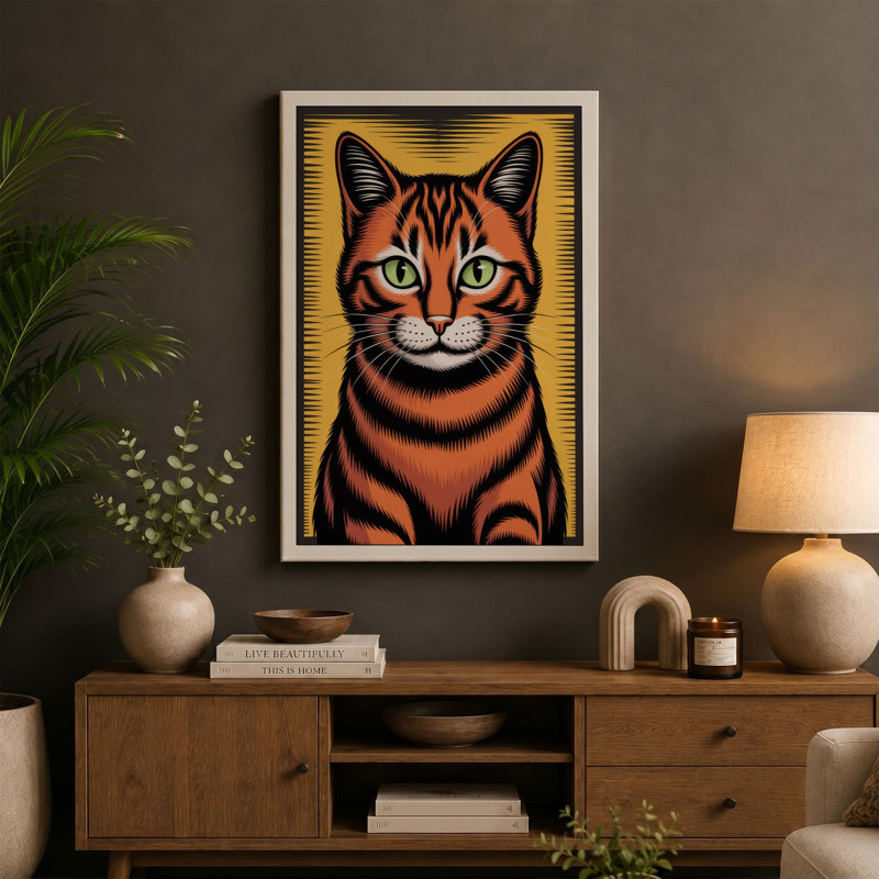 Watchful Tabby Graphic Art - Wrapped Canvas, 36x24 - 91.4 x 61.0 cm, Sage Border