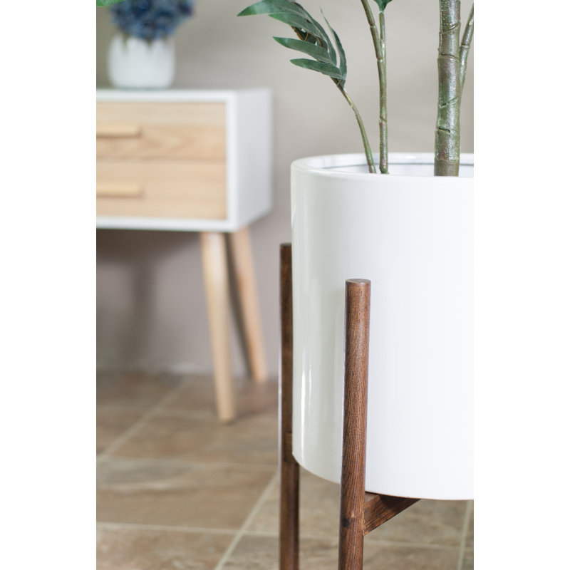 Handmade Pot Planter, White/Dark Walnut, 23" H X 15.5" W X 15.5" D
