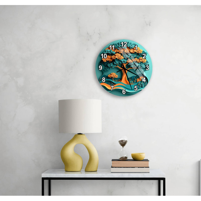 Horloge murale en verre trempé - arbre de vie sarcelle orange, art moderne, grande montre ronde silencieuse pour salon, cadeau unique inspiré de la nature
