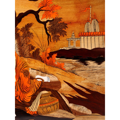 30" Radha Krishna by the River Mysore Wood Inlay Wall Panel - Handcrafted Hindu God Wall Art for Spiritual Home Decor