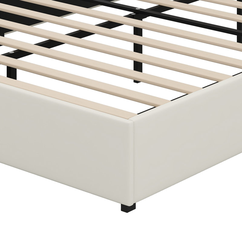 Lit plateforme tapissier avec port USB, tête de lit haute à rivets et tablette de tête de lit intégrée, Grand lit