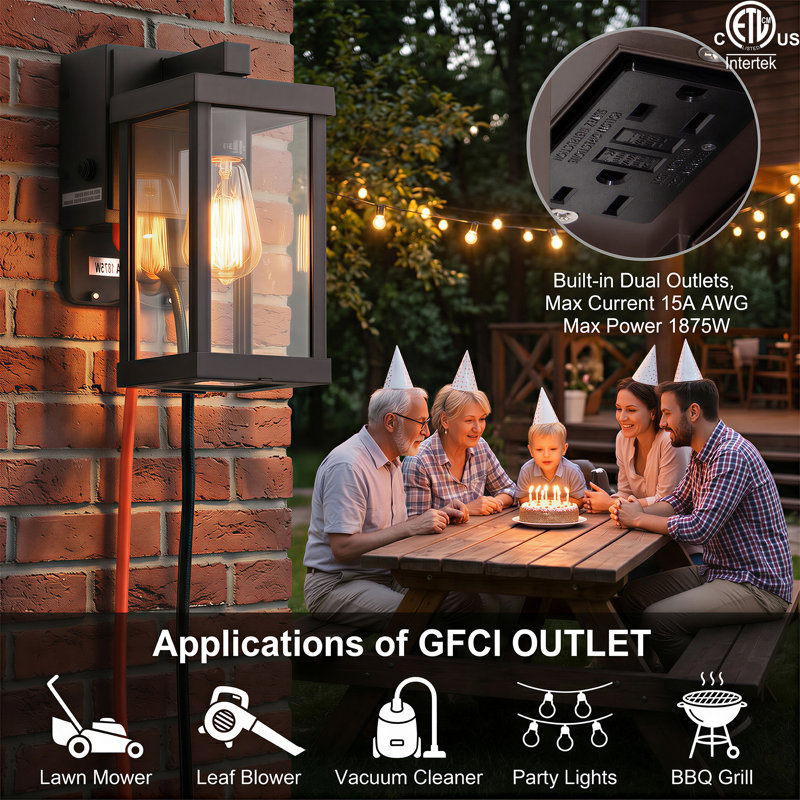 Classic 11.1'' H 1-Light Outdoor Wall Sconce with Built-in GFCI Outlet, Oil Rubbed Bronze Rectangular Metal Frame with Clear Glass Shade, Weatherproof
