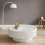 Table basse ronde avec rangement en verre trempé et base en cuir blanc doux pour le salon