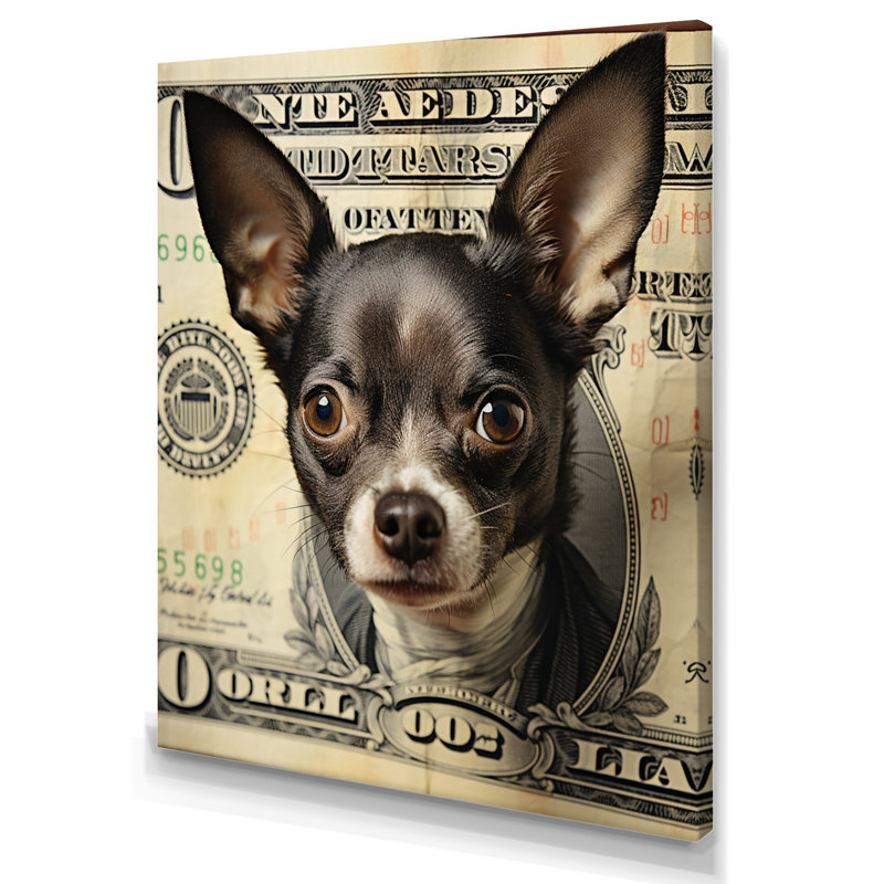 «Little Dog on Dollar Bill» - Impression, H 40 po x l 30 po x P 1,5 po, Toile tendue