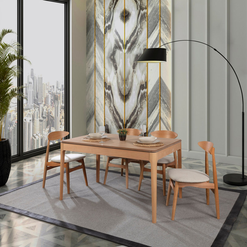 Akeeyla Modern Extendable Dining Table & Chairs Set (5 Pieces), Beech Wood & Linen, Natural Finish | Table: 63.0 x 31.5 x 29.5 inches (Open: 63.0 x 31.5 x 29.5 inches) | Elegant Scandinavian Design for Dining Rooms