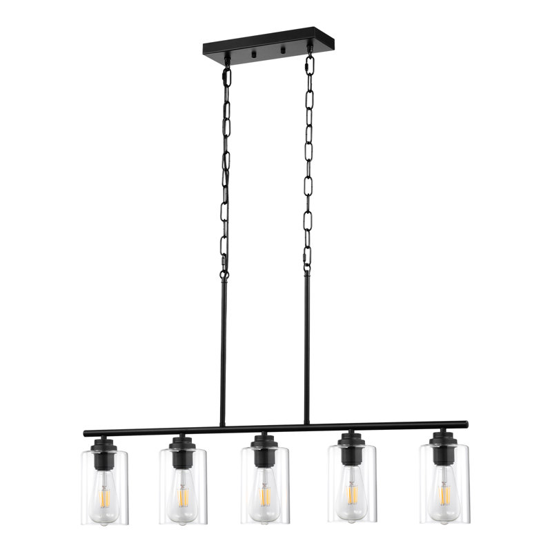 Suspension d'îlot de cuisine à 5 lumières, 60 W, luminaire de salle à manger réglable avec abat-jour en verre transparent, 4 tiges et 2 chaînes métalliques, douille E26, structure métallique, lustre linéaire de style ferme pour salle à manger